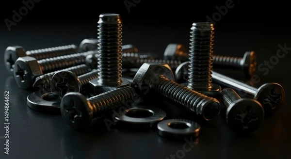 Fototapeta A close-up of assorted metallic fasteners, including screws, bolts, and washers, arranged on a dark surface