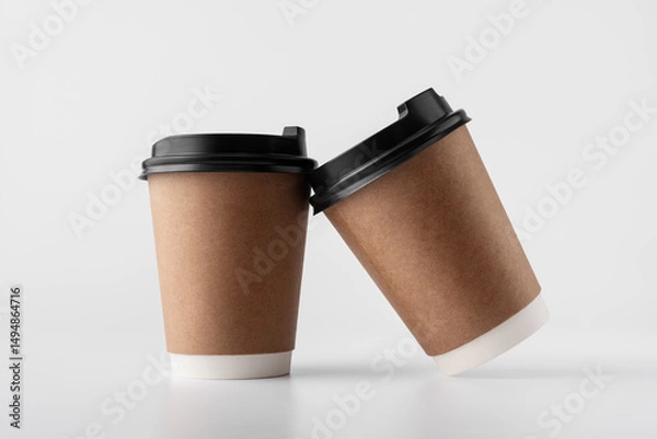 Fototapeta Two Kraft Paper Coffee Cups with Black Lids on Gray Background For Minimal Takeaway Mockup