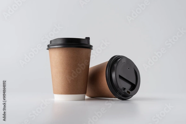Fototapeta Two Kraft Paper Coffee Cups with Black Lids on Gray Background For Minimal Takeaway Mockup