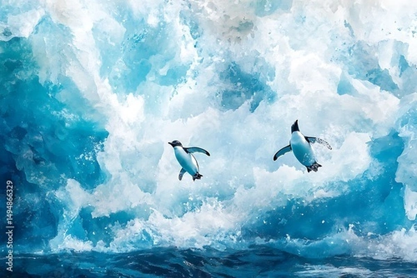 Fototapeta Icy Windswept Seascape with Playful Penguins