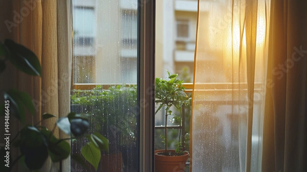 Fototapeta Empty living room with open window and view to the balcony with plants in flower pots during the rain on a hot summer day.