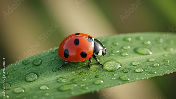 Fototapeta Close-up of a Red Ladybug on Wet Green Leaf with Dew Drops