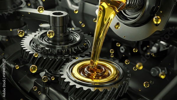 Fototapeta Golden Lubricant Oil Dripping on Mechanical Gears and Cogs