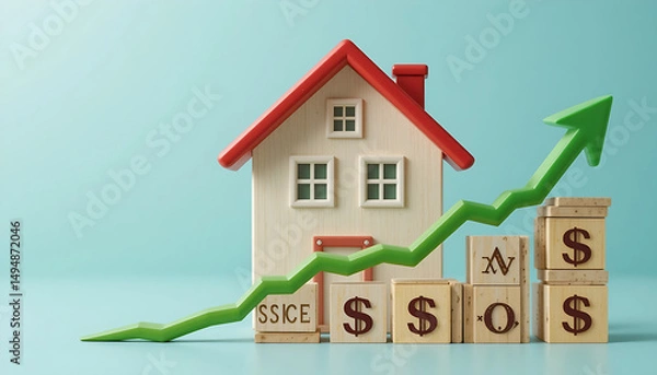 Fototapeta Real estate house model next to dollar sign blocks and arrow symbolizing property value growth