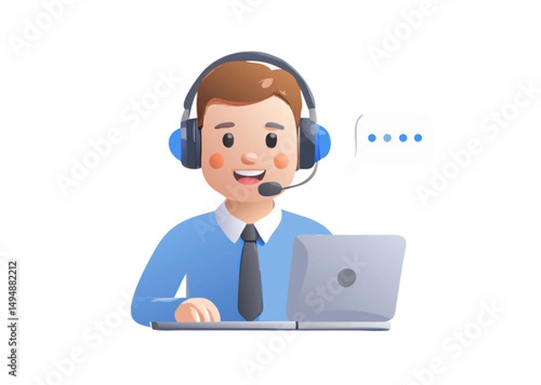 Fototapeta Customer service, support and call center concept. Operator avatar wearing headset talking by microphone and chatting with client. 3d realistic character. Vector illustration