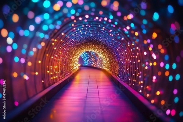 Fototapeta Colorful illuminated tunnel creates a stunning visual experience with shimmering lights in various hues