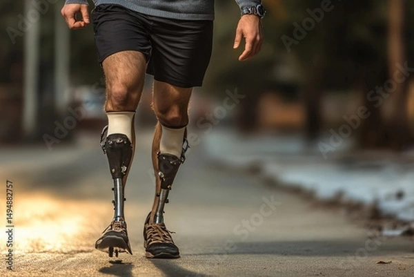Fototapeta Man confidently walking on the street with a prosthetic leg during a sunny day in an urban environment