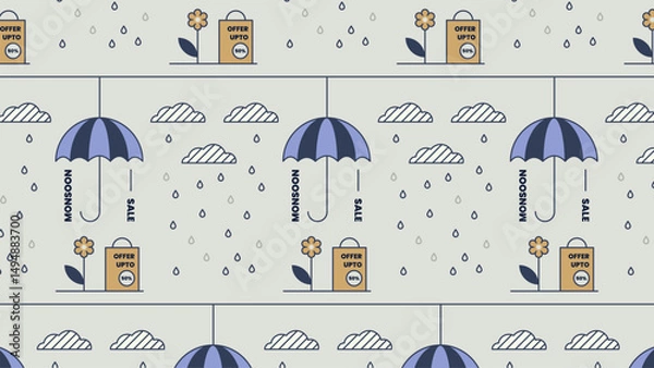 Fototapeta Monsoon sale promotion with umbrellas, rain, and shopping bags.