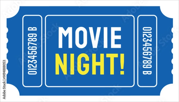 Obraz Blue Retro Pop Movie Night Ticket. Retro ticket vector template. Concert, party or festival ticket design template. Vector illustration.