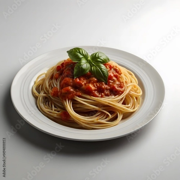 Fototapeta Isolated plate of spaghetti with tomato sauce and basil