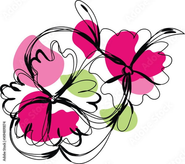 Obraz Abstract Pink and Green Floral Design with Black Line Art