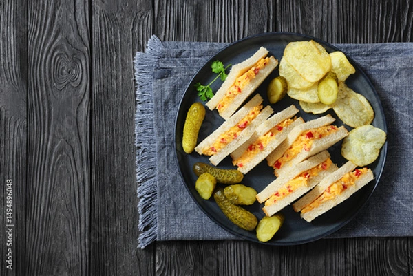 Obraz pimento cheese sandwiches with pickles and chips