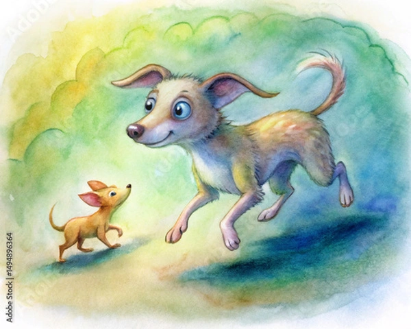 Obraz Big and small dog playing with each other. Watercolor illustration