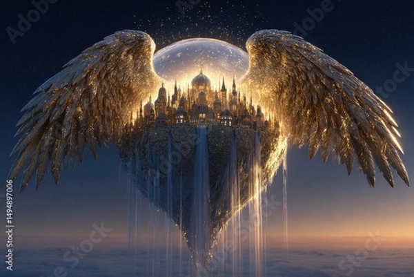 Obraz Floating city with golden wings and a moonlit sky.