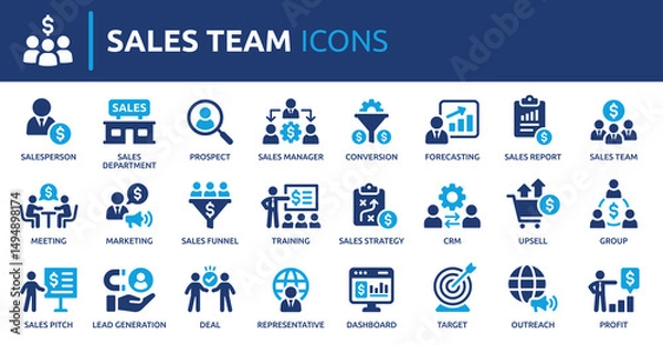 Fototapeta Sales team icon set. Containing Sales department, salesperson, prospect, conversion, sales report, marketing, funnel, lead generation, sales pitch and more. Solid vector icons collection.