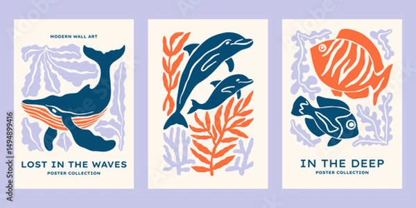 Fototapeta Underwater ocean animals vector posters set. Minimalist retro sea print designs with fishes, whale, dolphins, seaweeds, corals illustrations