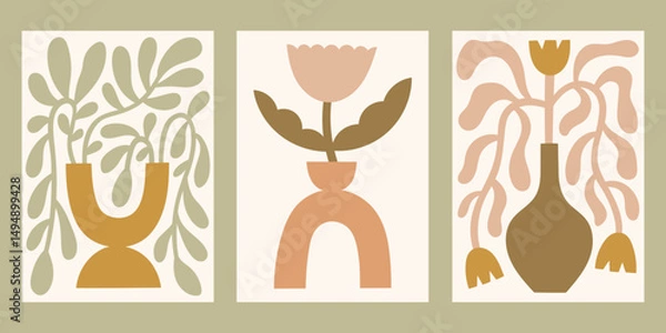 Fototapeta Neutral colors floral vector posters set. Minimalist print designs with flowers in vase in matisse style