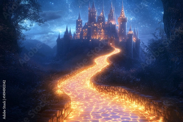 Fototapeta Majestic castle illuminated by glowing pathway at night under a starry sky