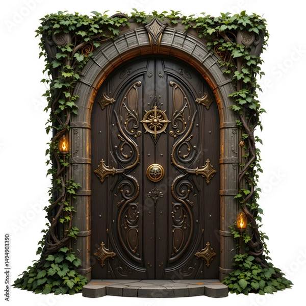Fototapeta Fantasy elven door with glowing runes, vine-covered edges, golden knob,  isolated on white background