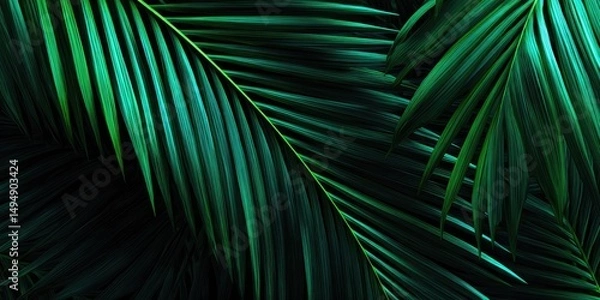 Fototapeta Deep green palm fronds close-up detail