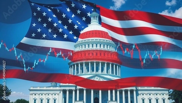Fototapeta United states capitol building with american flag overlay and stock market chart in the foreground