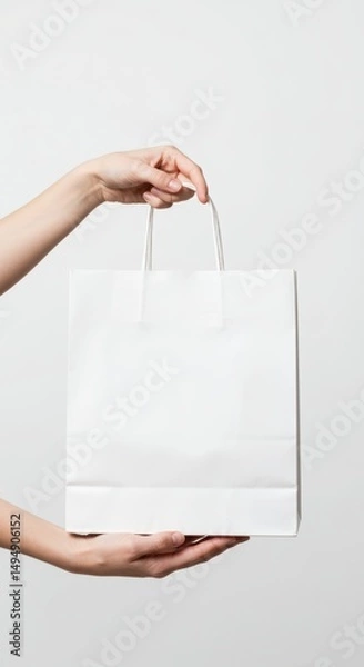 Fototapeta Hands carrying a plain shopping bag with no branding or writing, photographed inside a professional photo studio with a pure white background