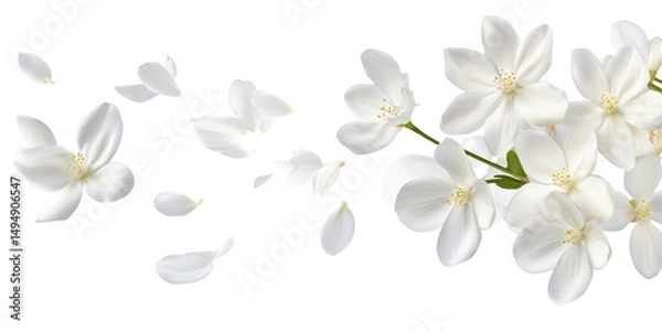 Fototapeta Arrangement of white flowers with petals falling on a black background creating a delicate floral design