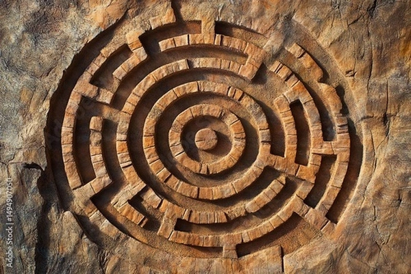 Fototapeta Intricate stone labyrinth nestled among greenery invites exploration and curiosity on a sunny day