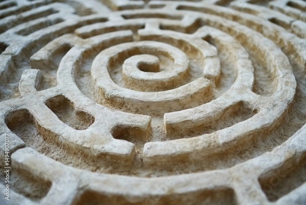 Fototapeta Intricate stone labyrinth nestled among greenery invites exploration and curiosity on a sunny day