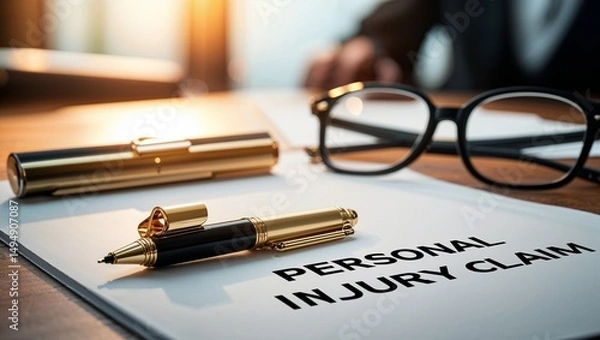 Fototapeta A personal injury claim document with pens and glasses on a wooden surface in a bright office