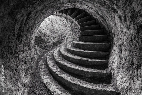 Fototapeta Steps lead into an endless circular tunnel creating a mysterious atmosphere with a sense of depth and intrigue