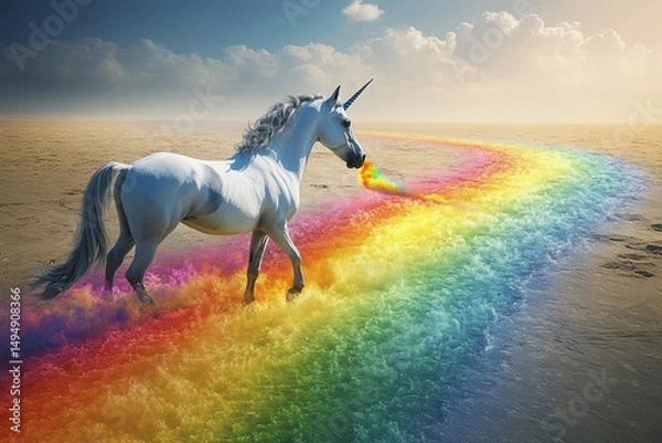 Fototapeta Unicorn gracefully gallops through the sky, leaving a vibrant rainbow trail illuminated by sunlight