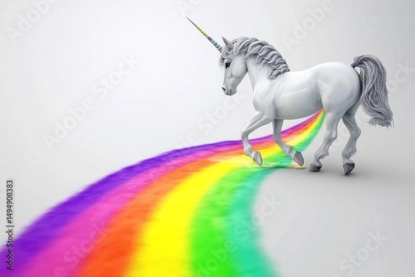 Fototapeta Unicorn gracefully gallops through the sky, leaving a vibrant rainbow trail illuminated by sunlight