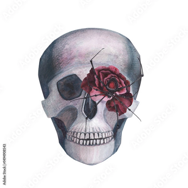 Obraz Scull with spider and roses gothic magical texture isolated on white background. Watercolor hand drawn esoterics skull illustration. Art for design mystical halloween witch decoration, scary card