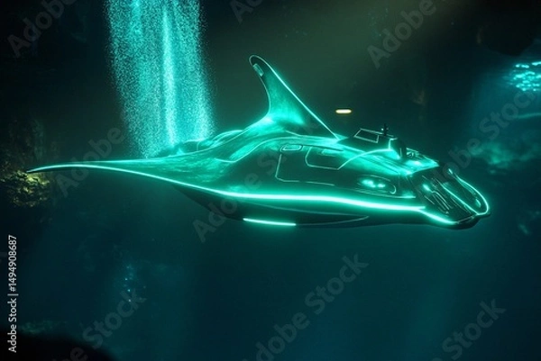 Fototapeta Glowing stingray-shaped submarine purifying the ocean floor while exploring deep marine environments