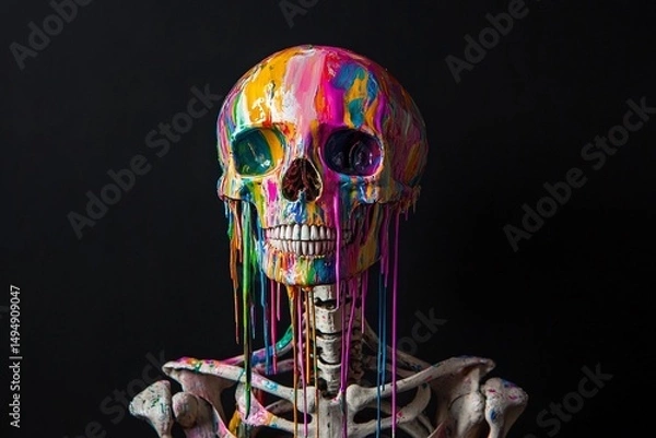 Fototapeta Vibrant skeletal form with skull painted in bright colors and dripping paint accents