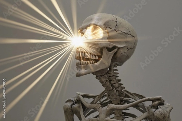 Fototapeta Skeletal figure with glowing skull beams illuminating a dark space in an eerie atmosphere