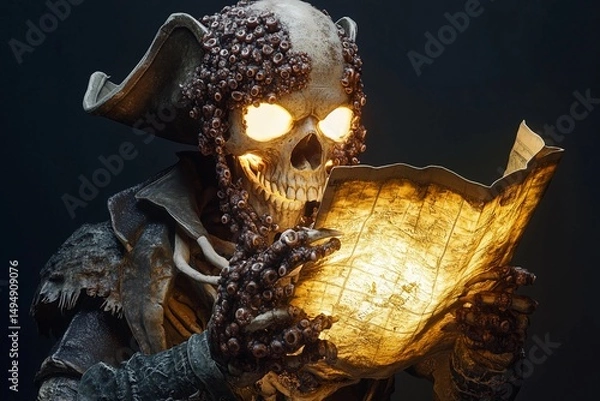 Fototapeta Skeletal pirate figure with glowing treasure map ready to uncover buried riches in a dark, mysterious cave