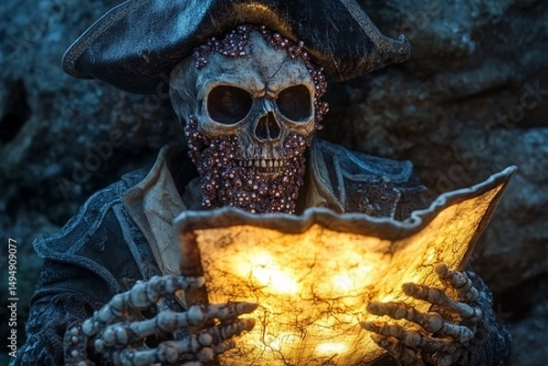 Fototapeta Skeletal pirate figure with glowing treasure map ready to uncover buried riches in a dark, mysterious cave