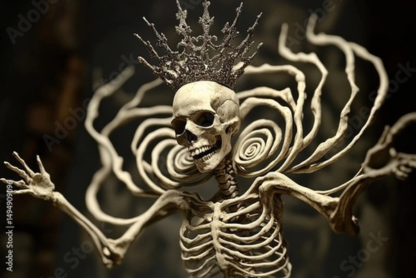 Fototapeta Skeletal figure with crown-like skull poses with spiral arm decorations amidst a dark backdrop showcasing intricate details