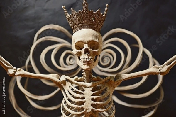 Fototapeta Skeletal figure with crown-like skull poses with spiral arm decorations amidst a dark backdrop showcasing intricate details