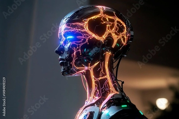 Fototapeta Humanoid robot showcases glowing circuits in a futuristic environment