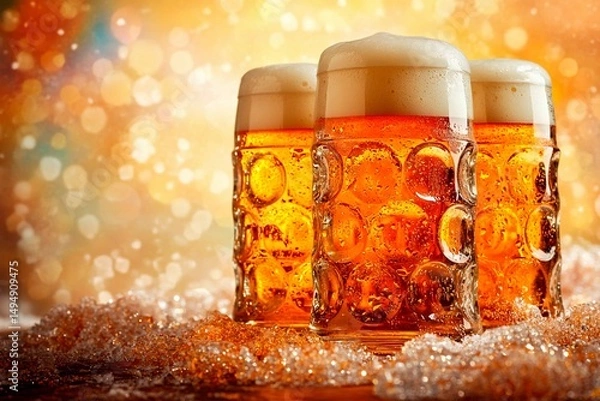 Fototapeta Enjoying foamy beer in large glass goblets during Oktoberfest celebration in a festive atmosphere
