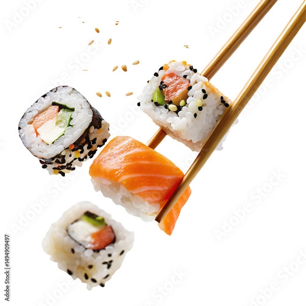 Fototapeta Assorted sushi rolls with salmon and chopsticks on a black background floating in the air closeup view