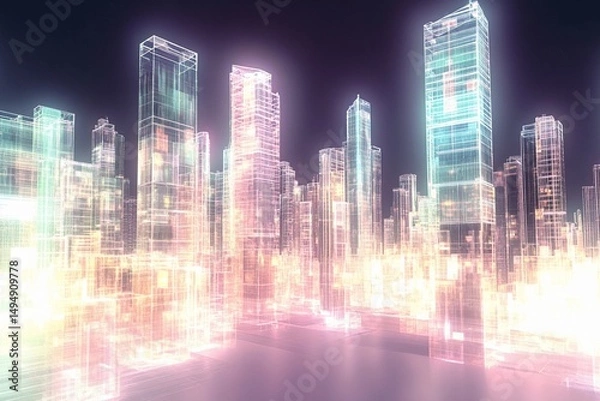 Fototapeta Holographic cityscape featuring towering glass skyscrapers illuminated in a futuristic urban setting