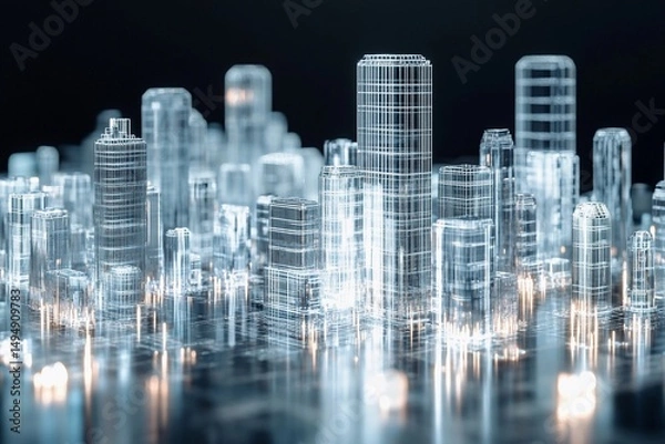 Fototapeta Holographic cityscape featuring towering glass skyscrapers illuminated in a futuristic urban setting