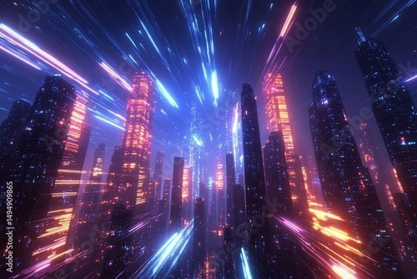 Fototapeta Futuristic city skyline features glowing skyscrapers with colorful lights at night creating a vibrant urban atmosphere
