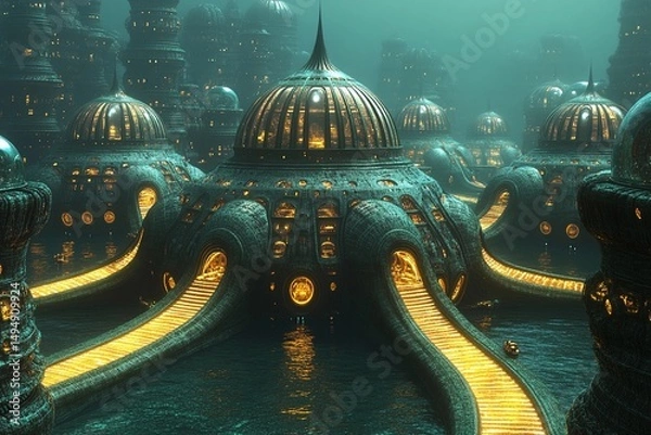 Fototapeta Symmetrical underwater city features bubble-like domes and illuminated pathways creating a serene aquatic environment