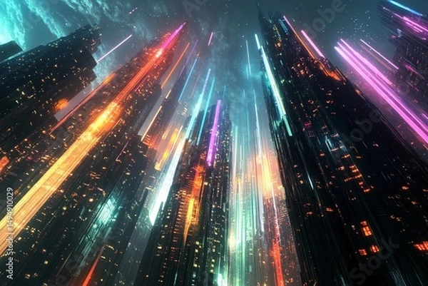 Fototapeta Futuristic city skyline features glowing skyscrapers with colorful lights at night creating a vibrant urban atmosphere