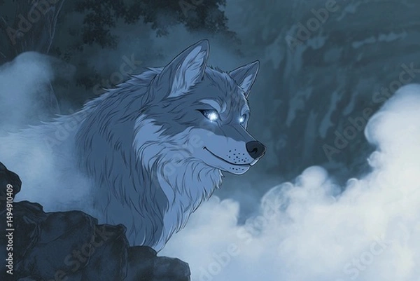 Fototapeta Wolf with radiant eyes reflects the power of the moon in a mystical forest setting under twilight sky